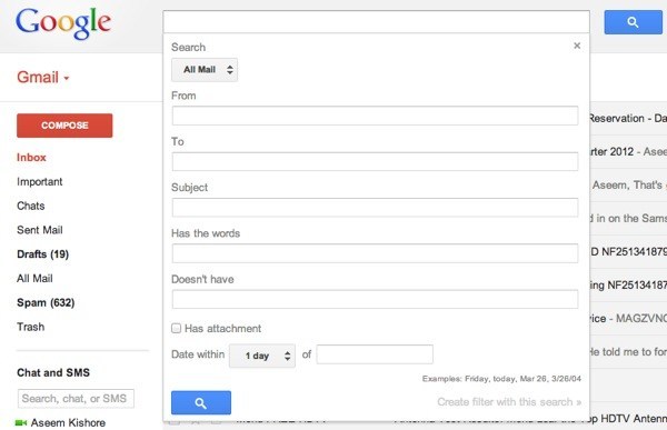 opsi pencarian gmail