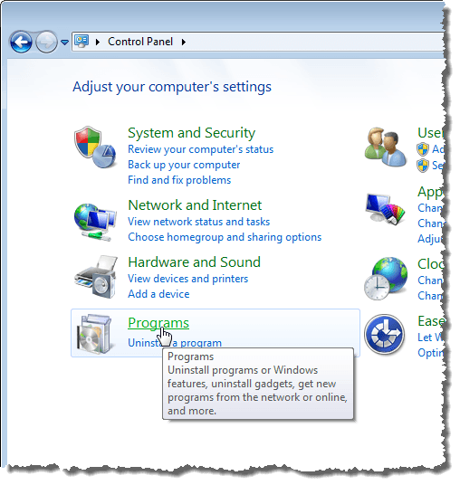 Mengklik tautan Program di Windows 7