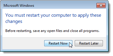 Kotak dialog untuk me-restart komputer Anda