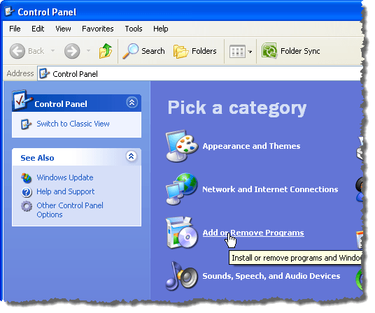 Mengklik tautan Tambah atau Hapus Program di Windows XP