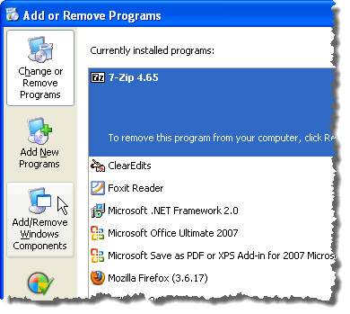 Mengklik Tambah / Hapus Komponen Windows di Windows XP