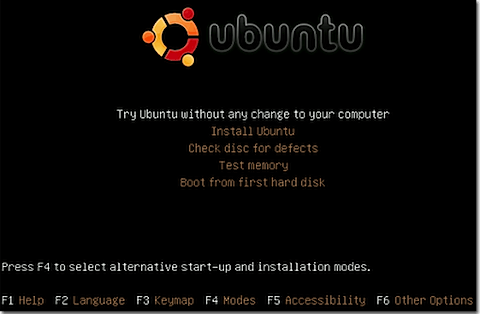 Menu utama Ubuntu Linux Live CD