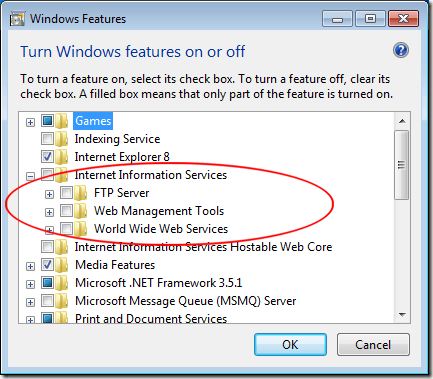Turn on Internet Information Services in Windows 7