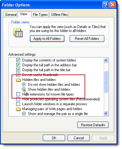 Corrupted Hidden files and folders options