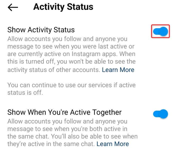 Aktifkan Status Aktivitas untuk Memperbaiki Catatan Instagram Tidak Muncul gambar