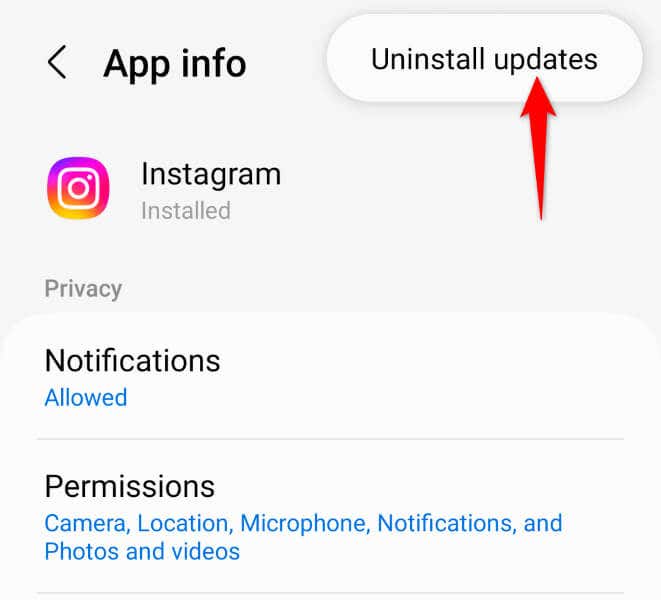 Copot Pemasangan Pembaruan Aplikasi Instagram di gambar Android